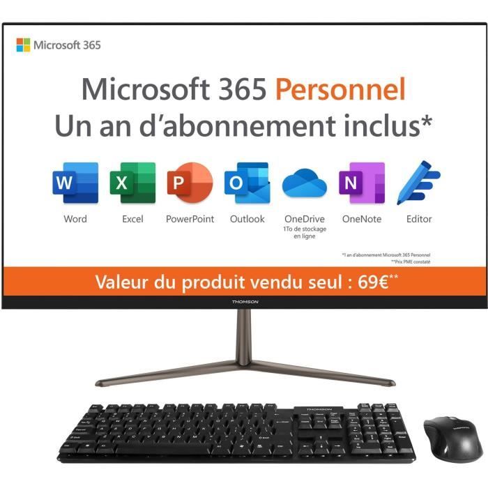 Ordinateur tout-en-un -THOMSON AIO24C4BK128 - 23,8 FHD - Intel Celeron N4020 - RAM 4Go - Stockage 128Go SSD - Wifi AC & BT - Win 11