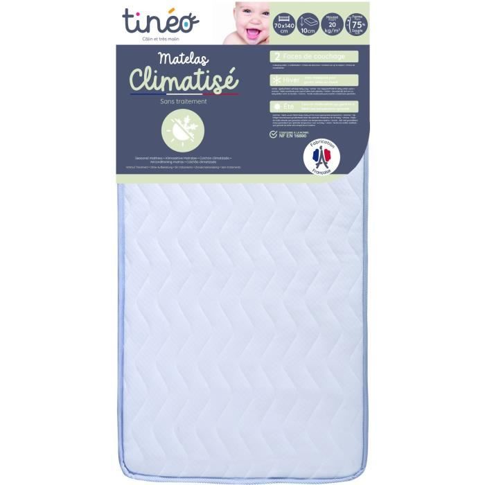 Matelas Climatisé 70x140x10cm - Matelas Bébé - Climatisé - 1 Face Été - 1 Face Hiver - Sans Traitement - Fabriqué En France