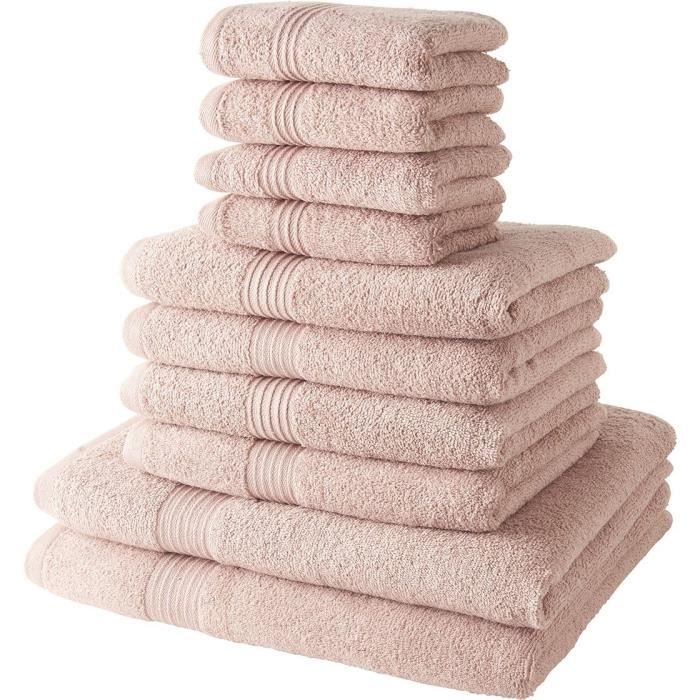 Lot de 10 serviettes de bain TODAY comprenant 4 serviettes 30x50 + 4 serveites 50x90 + 2 Draps de bain 70x130 cm 100% Coton - Rose