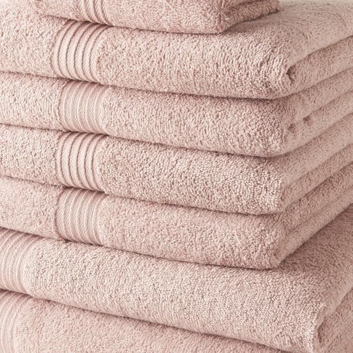 Lot de 10 serviettes de bain TODAY comprenant 4 serviettes 30x50 + 4 serveites 50x90 + 2 Draps de bain 70x130 cm 100% Coton - Rose