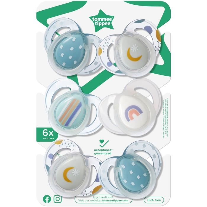 Sucette de nuit - TOMMEE TIPPEE - 6-18 mois - Lot de 6 sucettes phosphorescentes avec capsule de stérilisation réutilisable