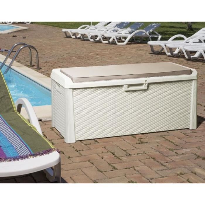 Banc coffre de jardin SANTORINI PLUS - Résine - Capacité 550L - Blanc