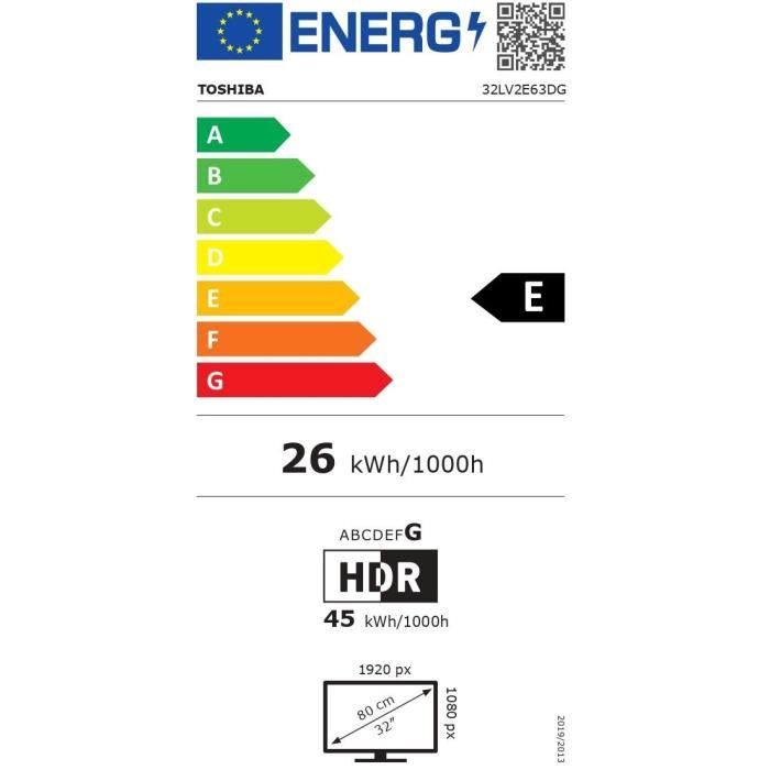 TOSHIBA 32LV2E63DG - TV LED 32'' (80 cm) - Full HD 1920x1080 - HDR10 - TV connecté Smart TV - 2xHDMI - WiFI