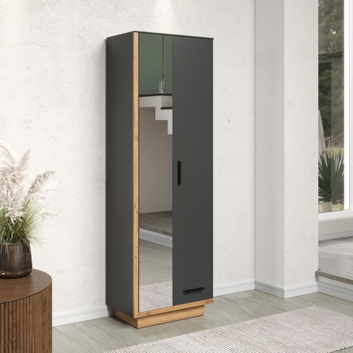 Armoire de chambre SYNNAX - 2 Portes + 1 tiroir - Décor gris anthracite et chene miel - L65 x P40 x H198 cm - TRENDTEAM