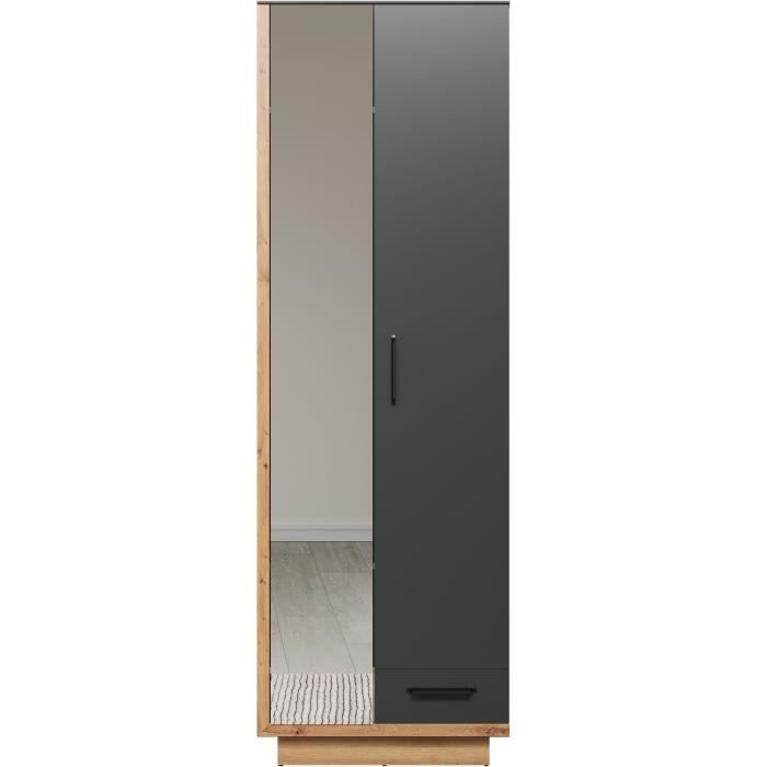 Armoire de chambre SYNNAX - 2 Portes + 1 tiroir - Décor gris anthracite et chene miel - L65 x P40 x H198 cm - TRENDTEAM