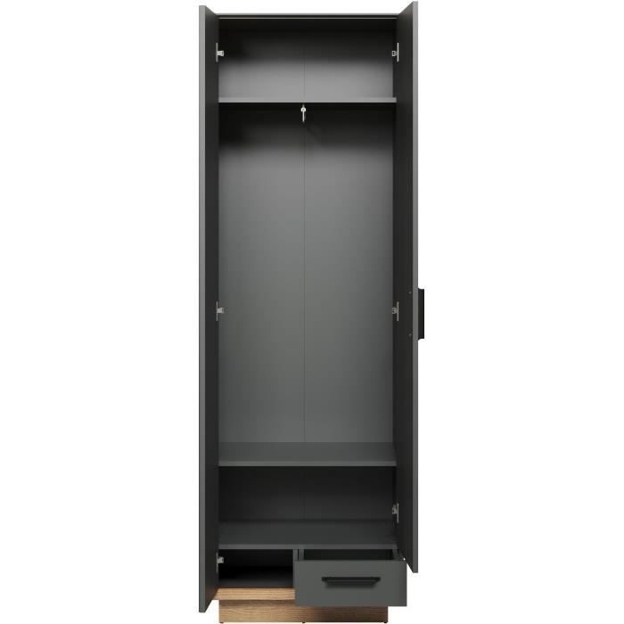 Armoire de chambre SYNNAX - 2 Portes + 1 tiroir - Décor gris anthracite et chene miel - L65 x P40 x H198 cm - TRENDTEAM