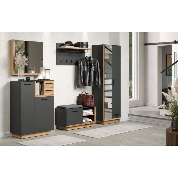 Armoire de chambre SYNNAX - 2 Portes + 1 tiroir - Décor gris anthracite et chene miel - L65 x P40 x H198 cm - TRENDTEAM