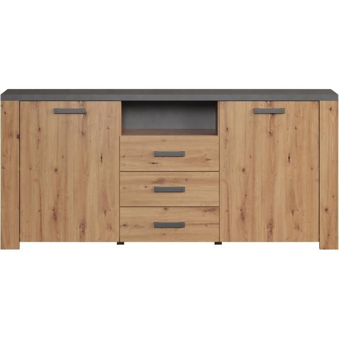 Buffet FOLLOW - Mélamine chene artisan et gris ardoise - 2 Portes + 3 Tiroirs - L180 x P40 x H83  cm - TRENDTEAM