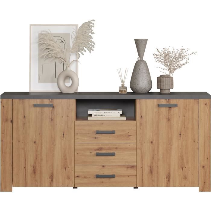 Buffet FOLLOW - Mélamine chene artisan et gris ardoise - 2 Portes + 3 Tiroirs - L180 x P40 x H83  cm - TRENDTEAM