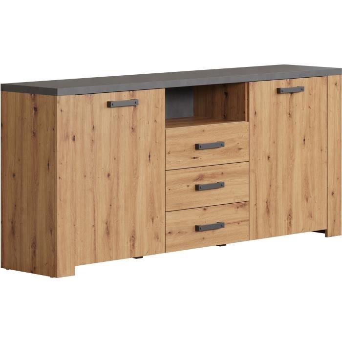 Buffet FOLLOW - Mélamine chene artisan et gris ardoise - 2 Portes + 3 Tiroirs - L180 x P40 x H83  cm - TRENDTEAM