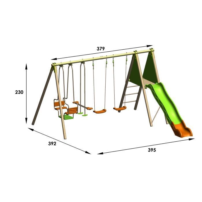 Portique bois et métal - 2,30m - 2 balançoires, 1 face a face, 1 nacelle et 1 toboggan 2,63m -  KAHUNA TRIGANO