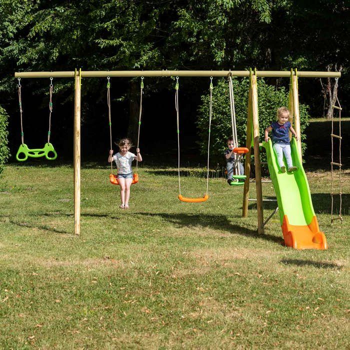 Station de jeux bois poutre métal TECHWOOD MAKUTA 2,30 m + toboggan 8 enfants