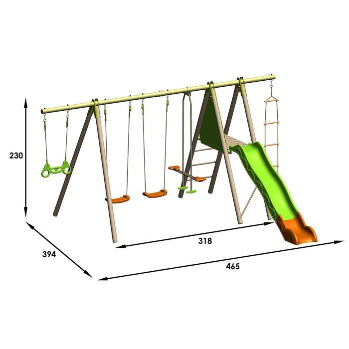 Station de jeux bois poutre métal TECHWOOD MAKUTA 2,30 m + toboggan 8 enfants