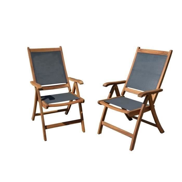 Lot de 2 fauteuils de jardin pliants en bois d'acacia FSC et textilene - Gris