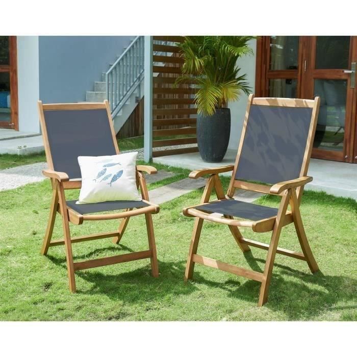 Lot de 2 fauteuils de jardin pliants en bois d'acacia FSC et textilene - Gris