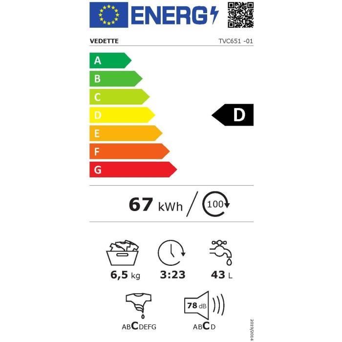 Lave-linge top VEDETTE TVC651 - 6,5 kg - L40cm - 1100 trs/min - Blanc