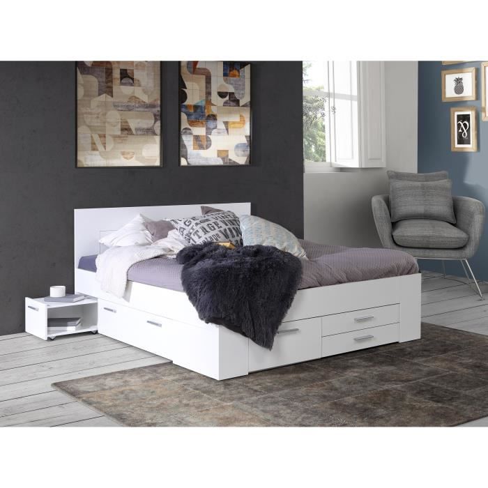 Lit adulte contemporain 160x200 cm - 4 tiroirs  - 2 chevets avec niche - Décor Blanc mat - UDINE