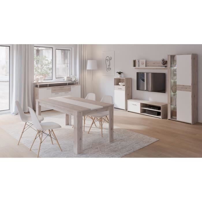 GULADA Ensemble meuble télé - buffet 170cm - table a manger 160cm - Contemporain - Blanc et décor chene