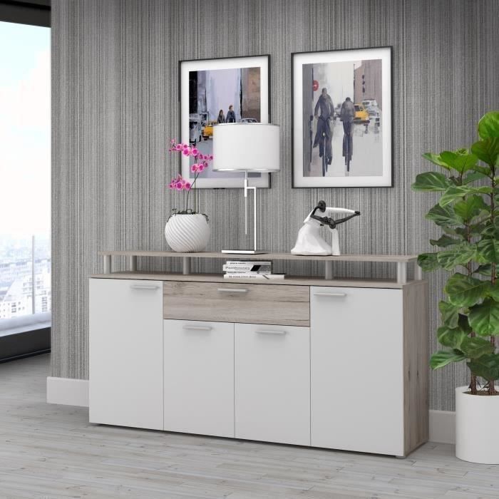 GULADA Ensemble meuble télé - buffet 170cm - table a manger 160cm - Contemporain - Blanc et décor chene