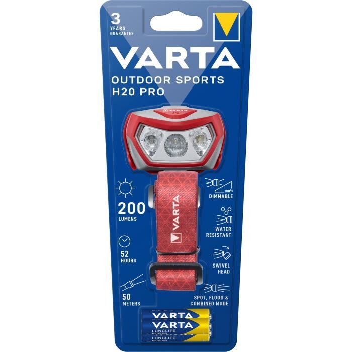 Frontale-VARTA-Outdoor Sports H20 Pro-200lm-Dimmable-IPX4-LED rouge-3 modes lumineux-Lumiere blanche et rouge-3 Piles AAA incluses