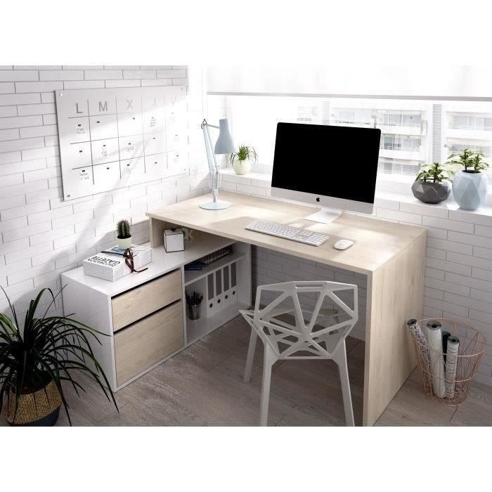 Bureau d'angle réversible avec rangement - Décor chene et blanc - Essentiel - L 139 x P 92 x H 75 cm