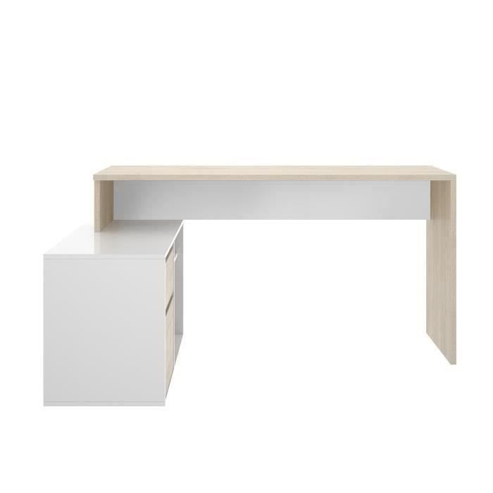 Bureau d'angle réversible avec rangement - Décor chene et blanc - Essentiel - L 139 x P 92 x H 75 cm