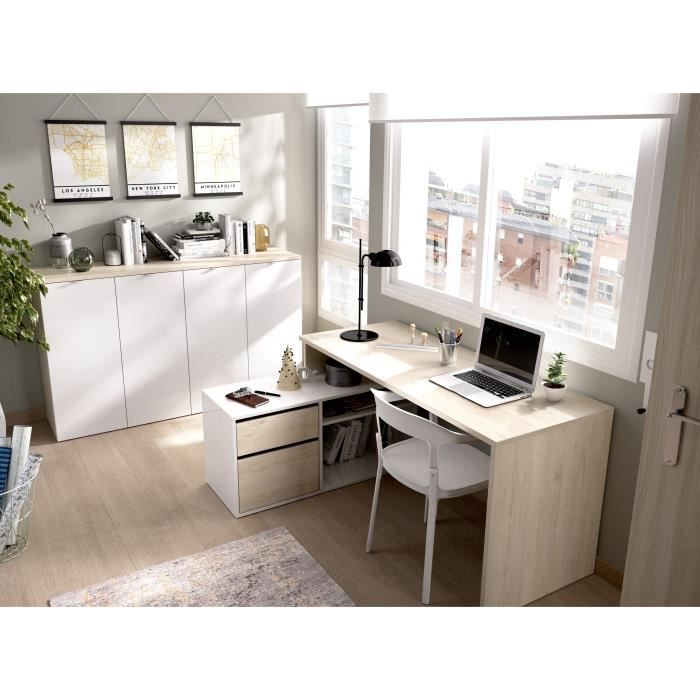 Bureau d'angle réversible avec rangement - Décor chene et blanc - Essentiel - L 139 x P 92 x H 75 cm