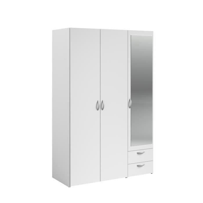 Armoire VARIA - Décor blanc - 3 portes battantes + miroir + 2 tiroirs - L 120 x H 185 x P 51 cm - PARISOT