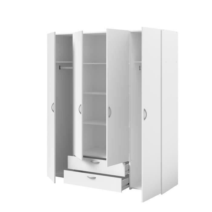 Armoire VARIA - Décor blanc - 4 portes battantes + 2 tiroirs - L 160 x H 185 x P 51 cm - PARISOT