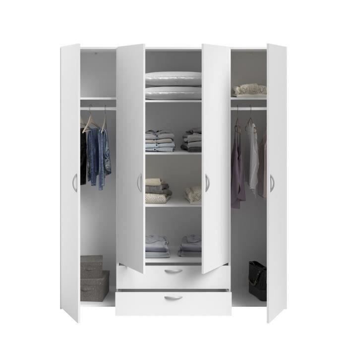 Armoire VARIA - Décor blanc - 4 portes battantes + 2 tiroirs - L 160 x H 185 x P 51 cm - PARISOT