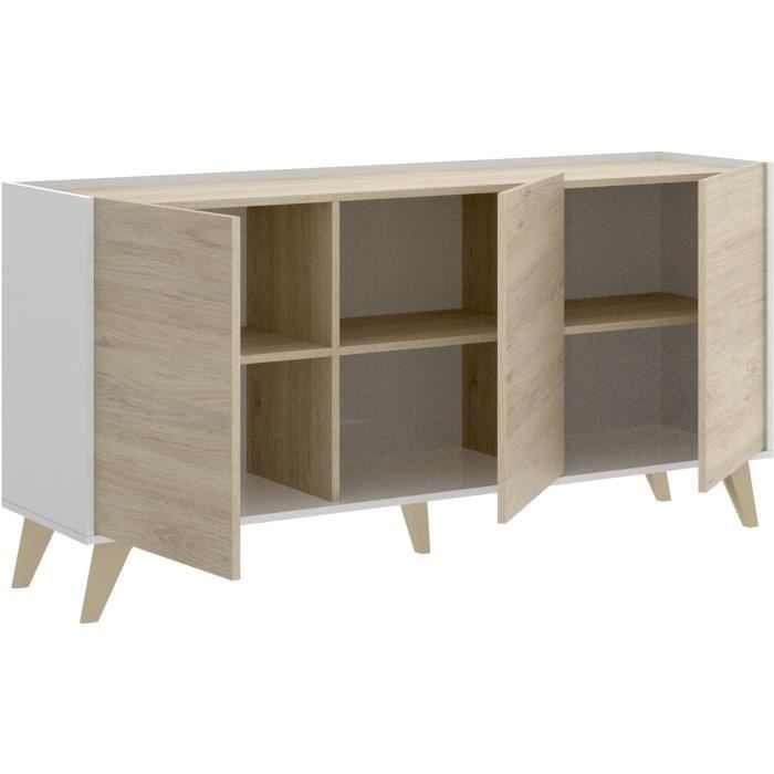 Buffet bas NESS - Mélamine Décor bois clair et blanc - 3 Portes - L 155 x P 43 x H 75 cm