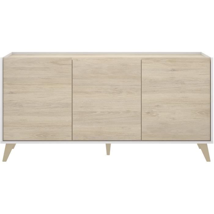 Buffet bas NESS - Mélamine Décor bois clair et blanc - 3 Portes - L 155 x P 43 x H 75 cm