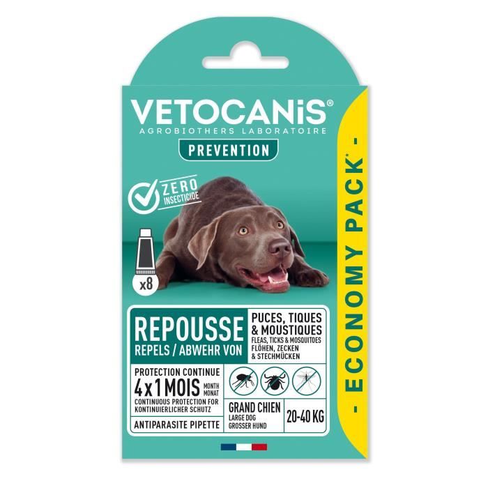 VETOCANIS Pipettes Anti Puces, Tiques, Moustiques, pour Chien 10-20 kg - x4