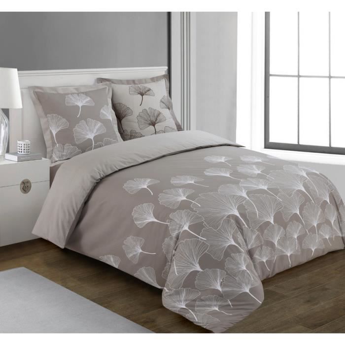 VISION - Parure de lit réversible GINKO - 100%Coton - 1 housse de couette 200x200cm + 2 taies d'oreiller 65x65cm - Beige