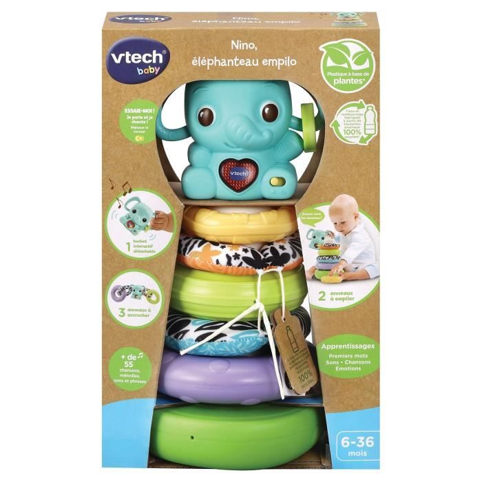 VTECH BABY - Play Green - Nino, Éléphanteau Empilo 3 en 1 (Plastique Bio Sourcé)