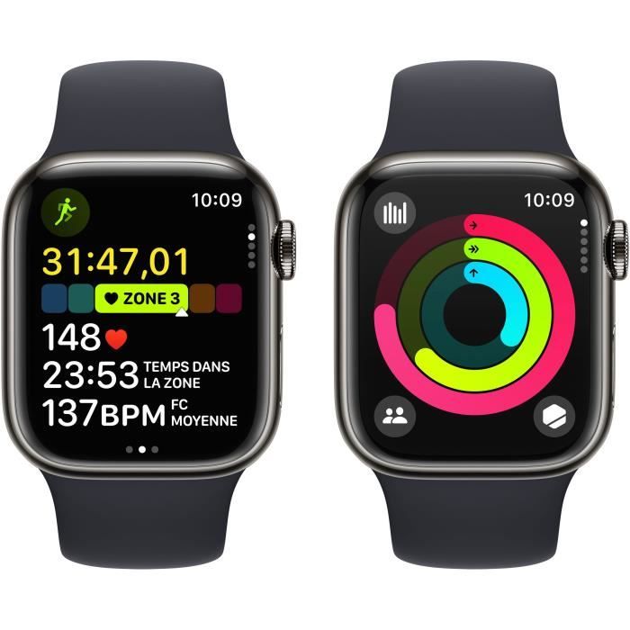 Apple Watch Series 9 GPS + Cellular - 41mm - Boîtier Acier Graphite - Bracelet Midnight Sport Band - M/L