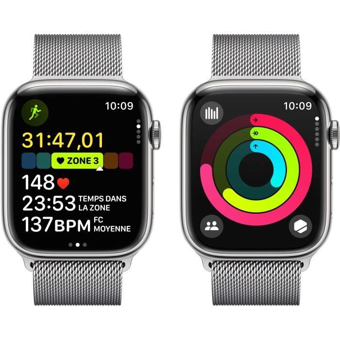 Apple Watch Series 9 GPS + Cellular - 45mm - Boîtier Acier Argent - Bracelet Silver Milanese Loop