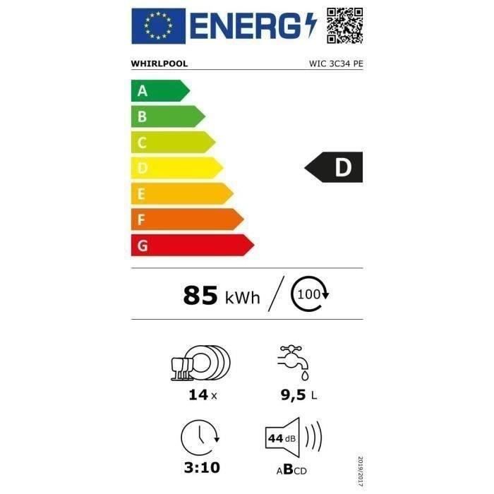 Lave-vaisselle tout intégrable WHIRLPOOL WIC3C34PE - 14 couverts - Induction - L60cm - 44dB