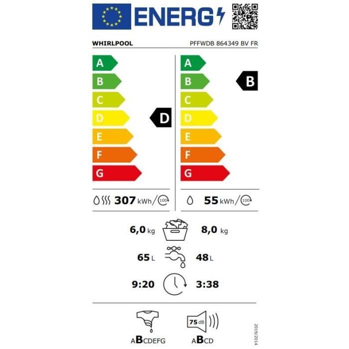 Lave-linge séchant WHIRLPOOL PFFWDB864349BVFR Freshcare - 8 / 6 kg - Induction - 1400 trs/min - Blanc