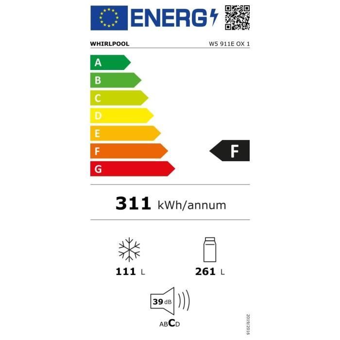 Réfrigérateur congélateur bas WHIRLPOOL W5911EOX - 372L (261 + 111) - Froid statique - L 59,5 x H 201,1 cm - Inox