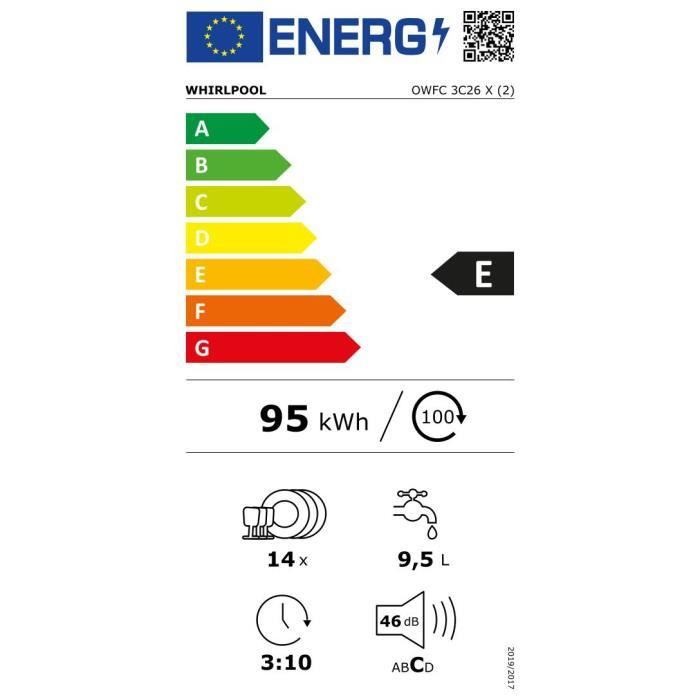 Lave-vaisselle pose libre WHIRLPOOL OWFC3C26X - 14 couverts - Induction - L60cm - 46dB - Inox/silver