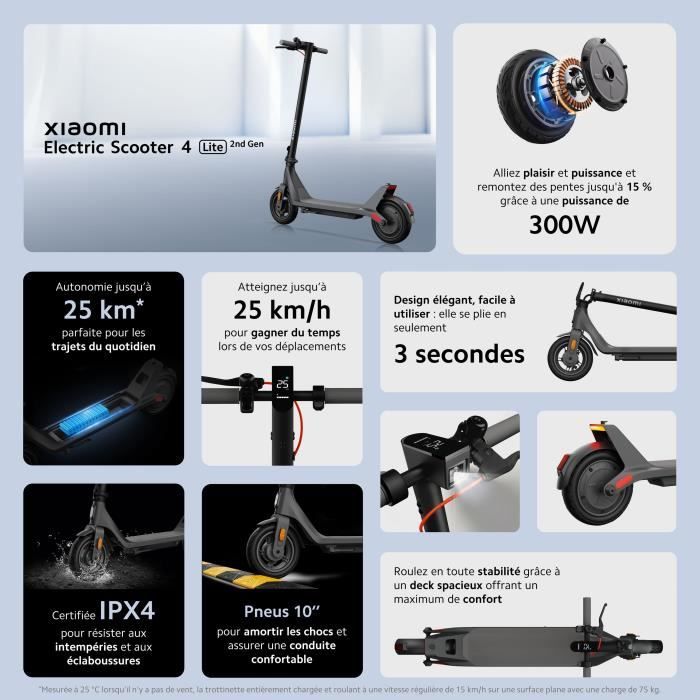 Trottinette électrique - XIAOMI - Electric Scooter 4 Lite 2nd Gen - Pneus 10 - 300W Max - 10,4Ah - Autonomie 25km