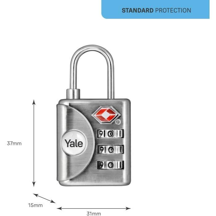 Cadenas a Code - YALE - YTP1/32/119/1 - Gris - Combinaison Programmable 3 chiffres homologué TSA 32 mm - Pour Valise de voyage