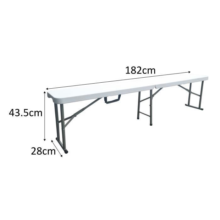 Banc pliable pour table de réception 180 cm -  Structure acier et assise  Polyéthylene PEHD - Blanc