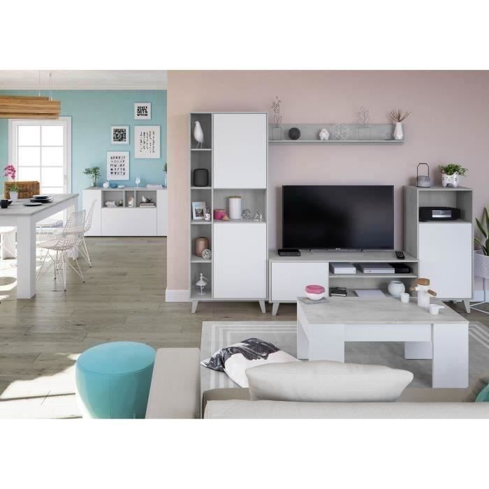 Ensemble meuble TV modulable - Zoe - Ouverture PUSH - Blanc Artik et gris ciment - L260 x P33 x H184 cm