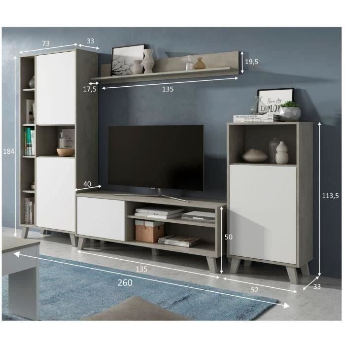 Ensemble meuble TV modulable - Zoe - Ouverture PUSH - Blanc Artik et gris ciment - L260 x P33 x H184 cm