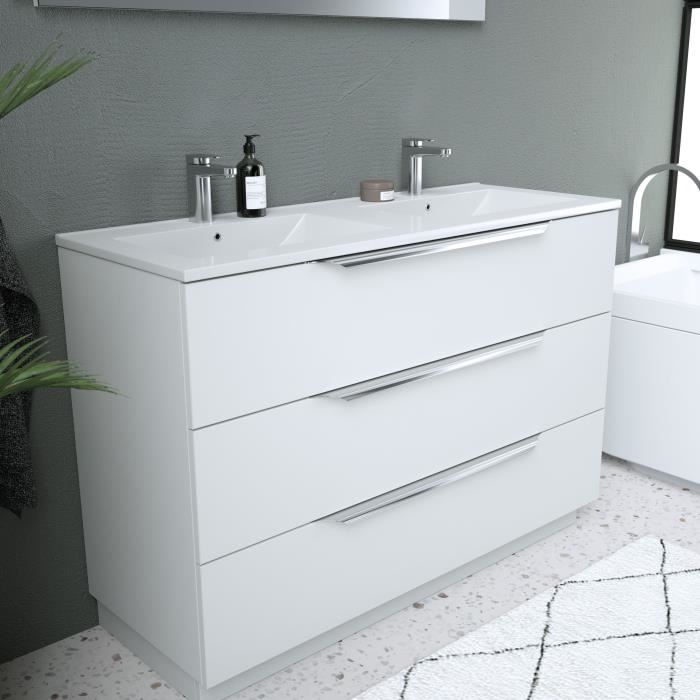 Ensemble Meuble salle de bain L 120 - Vasque + 3 tiroirs + miroir - Blanc - ZOOM