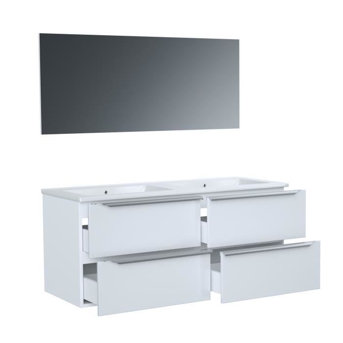 ZOOM meuble de salle de bain double vasque avec miroir L 120cm - 4 tiroirs a fermeture ralenties - Blanc laqué brillant