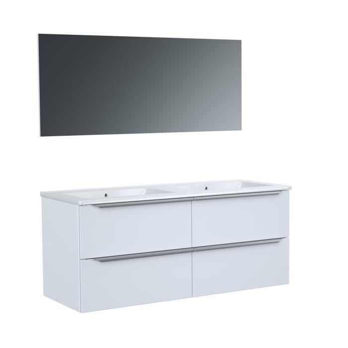 ZOOM meuble de salle de bain double vasque avec miroir L 120cm - 4 tiroirs a fermeture ralenties - Blanc laqué brillant