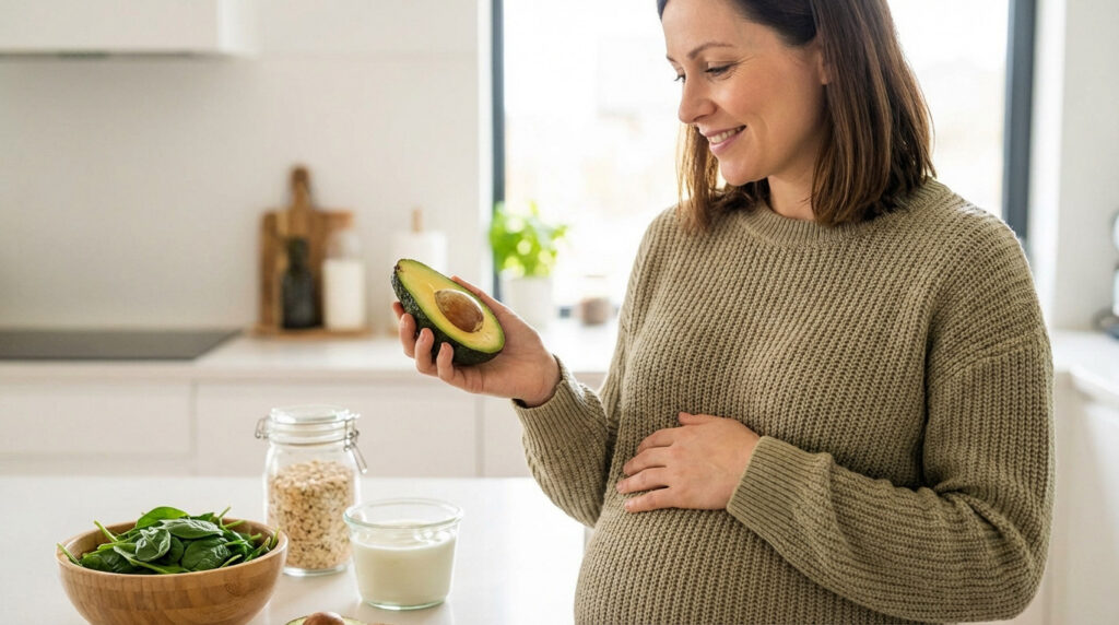 Smiling pregnant woman in a bright kitchen holds an avocado, hand on her baby bump, surrounded by healthy ingredients.